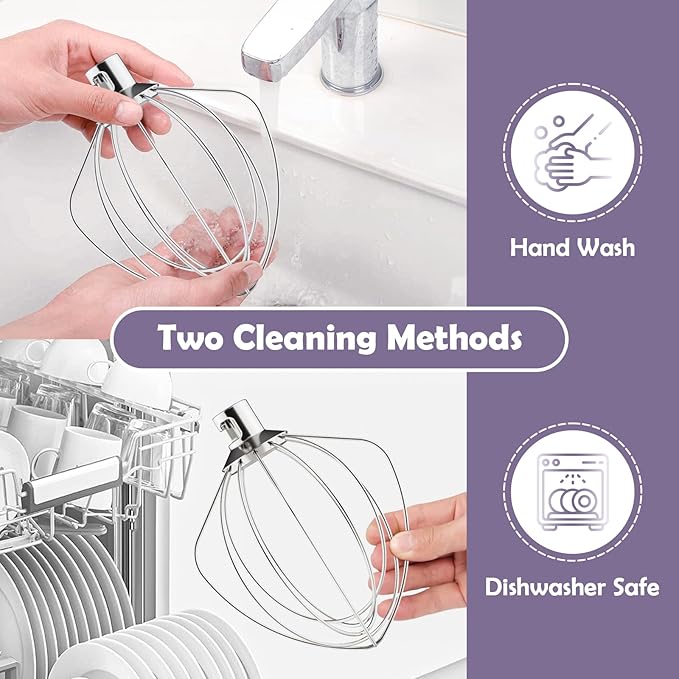 Stainless Steel 6-Wire Whisk Attachment for KitchenAid Mixer, 4.5-5Qt Tilt-Head Stand Mixer Compatible, Dishwasher Safe, Ideal for Whipping Cream, Mixing Flour & Cake, Perfect for Mayonnaise Whisks