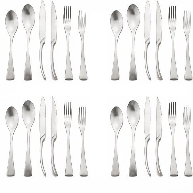 Luxury 304 Stainless Steel Matte Silver Cutlery Flatware Set - Utensil Set Steak Spoons and Forks Knife Silverware Set,Service for 4 (24-Piece)