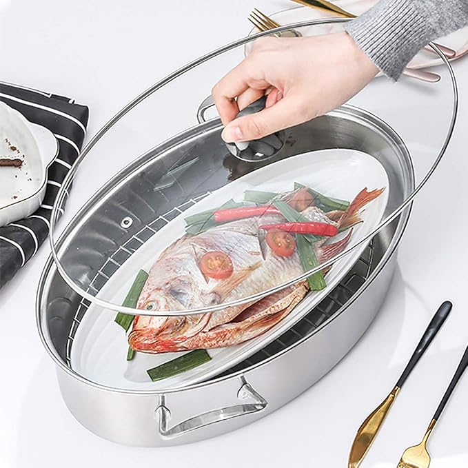 Eglaf 8Qt Stainless Steel Fish Steamer - Multi-Use Oval Cookware with Rack, Ceramic Pan, Chuck - Stockpot for Steaming Fish, Boiling Soup