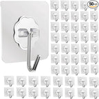 DDMY Hooks for Hanging, 50 Pack Wall Hooks 50lb(Max) Transparent Reusable Waterproof Adhesive Hook for Kitchen Curtain, Towel Hook for Bathrooms, Heavy Duty Self Coat Hook for Walls No Damage