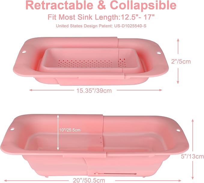 ROTTOGOON 7Qt Collapsible Colander Strainer, Expandable Over the Sink Colanders, Adjustable Silicone Kitchen Sink Strainer, Foldable Large Colander Basket to Wash Vegetable, Fruit, 15" to 19.11", Pink