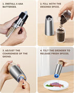 Sangcon Gravity Electric Pepper and Salt Grinder Mill Set Automatic Shakers Grinder with LED Light, Battery Powered Adjustable Coarseness One Hand Operation, Random X or XL Capacity