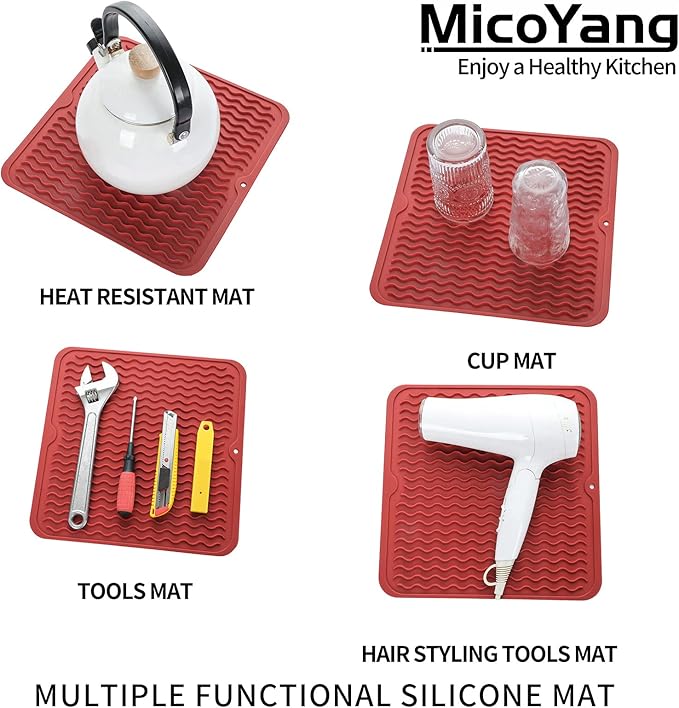 Silicone Dish Drying Mat for Multiple Usage,Easy clean,Eco-friendly,Heat-resistant Silicone Mat for Kitchen Counter or Sink,Refrigerator or Drawer liner Red M 12 inches x 12 inches