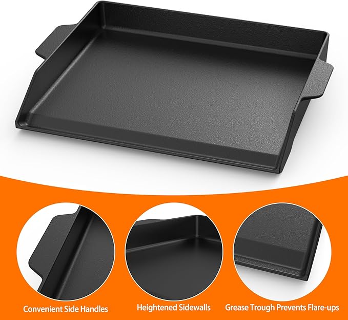 Onlyfire Universal Cast Iron Griddle for Gas Grills and Range Oven, Non-stick BBQ Flat Top Griddle with Handles for Outdoor Cooking, Tailgating, 18.6" × 14"