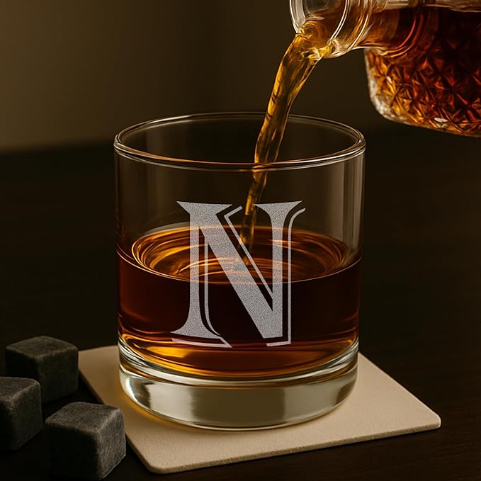 Monogrammed Gifts for Men - 4PC 11 Oz Custom Whiskey Glasses (N-Monogram) - Engraved Whiskey Glasses - Personalized Whiskey Glasses - Unique Bourbon Glasses - Personalized Glass Gifts for Dad