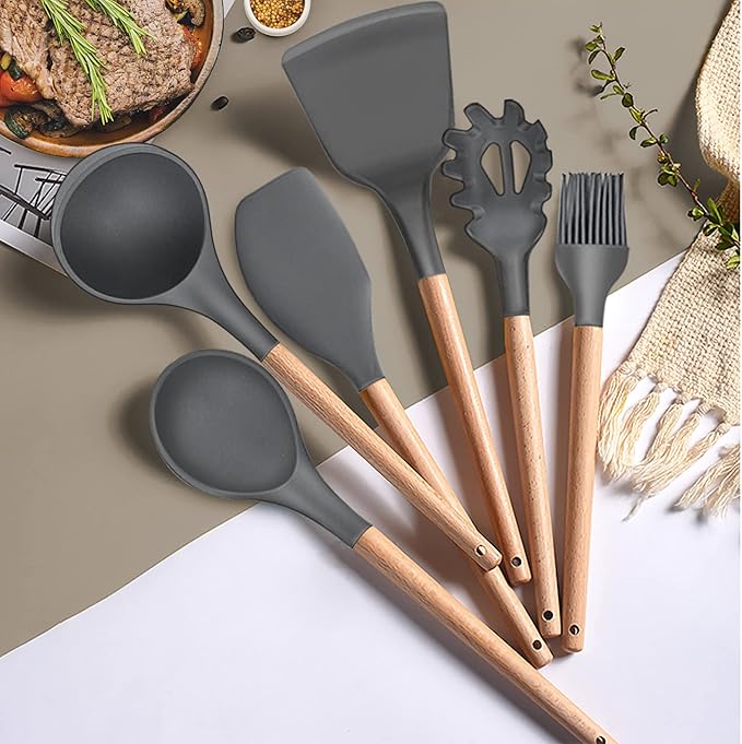 LIANYU 15-Piece Kitchen Silicone Cooking Utensils Set with Holder, Wooden Handle Kitchen Tools Include Spatula Tong Slotted Spoon Turner Whisk Brush, Black Gray