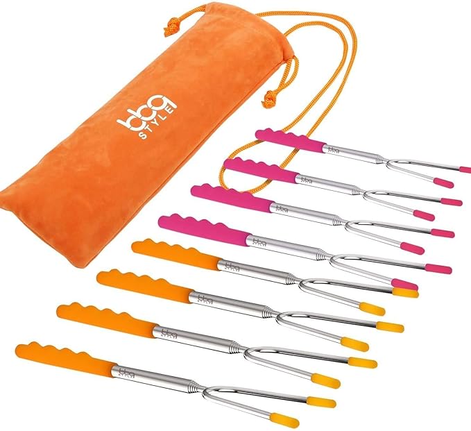 bbqstyle Marshmallow Roasting Sticks, Set of 8 Pack Premium 45'' Extendable Rotating Telescoping Forks for Hot Dog & Smores, Special Safe and Healthy Cookware for Campfire, Camping & Bonfire