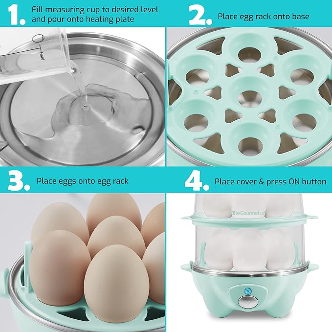 Elite Gourmet EGC1405M 2-Tiered Rapid Egg Cooker, 5-Egg Poacher, Omelets, Soft, Medium, Hard-Boiled Eggs with Auto Shut-Off and Buzzer, BPA Free, 14 eggs, Mint