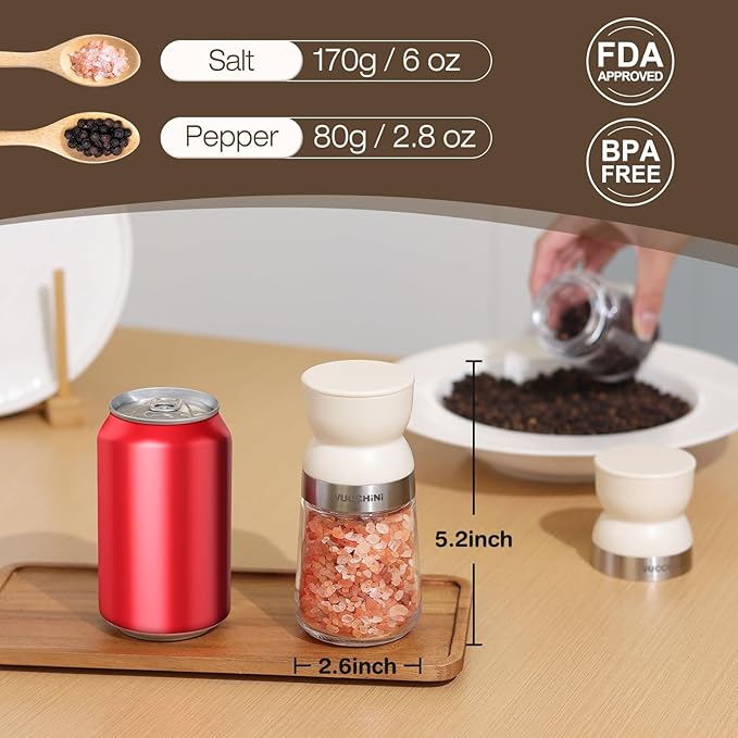 Vucchini Salt and Pepper Grinder Set with Adjustable Coarseness Ceramic Pepper Mill Manual Effortless Salt Grinder Spice Grinder for Home, Kitchen, Beige