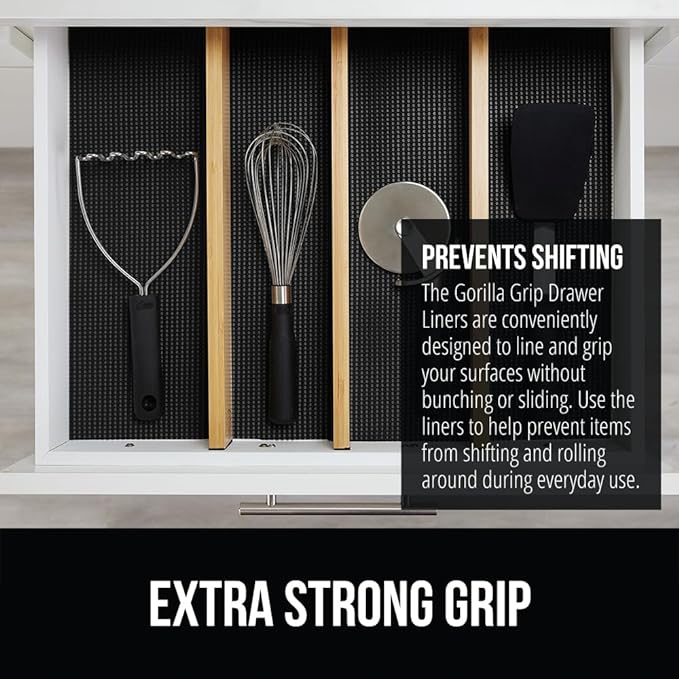 GORILLA GRIP powerGRIP Drawer Shelf and Cabinet Liner, Thick Strong Hold, Non-Adhesive Liners Protect Kitchen Cabinets and Cupboard, Bathroom Drawers, Easy Install, Breathable Mat, 17.5" x10', Black