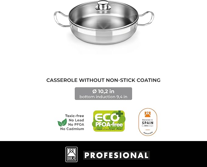 BRA COOKWARE Profesional 8-Piece Stainless Steel Cookware Set | Professional Pots & Pans Set | Kitchen Set w/ 2 Pots, 1 Sauté Pan, 2 Frying Pans, 3 Lids | All Heat Sources Compatible | PFOA Free