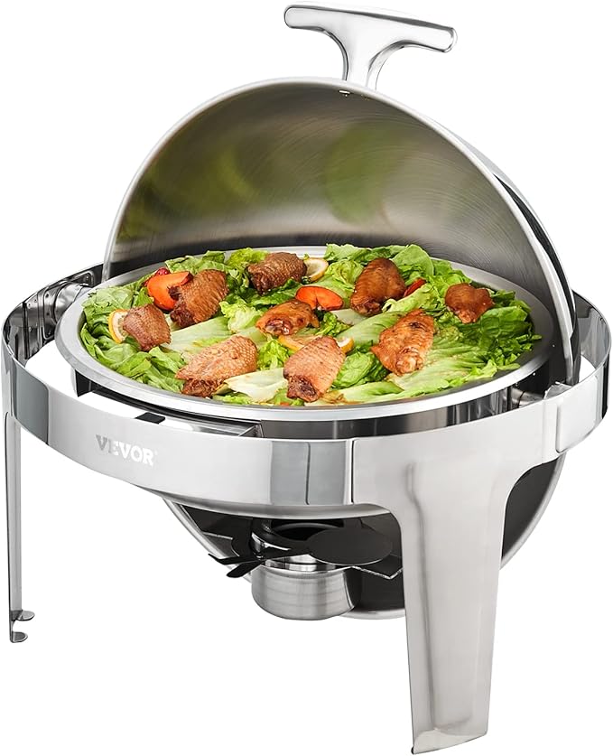 VEVOR Roll Top Chafing Dish Buffet Set, 6 Qt 2 Pack, Stainless Steel Chafer with 2 Full Size Pans, Round Catering Warmer Server with Lid Water Pan Stand Fuel Holder, for at Least 5 People Each