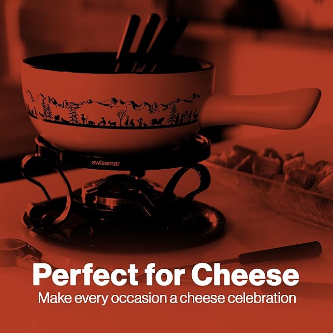 Swissmar Heidi Cheese Fondue Set - 2.8 QT / 2.65 L - Ceramic Fondue Pot with Rechaud, Fondue Burner, 6 Forks & Recipe Card - Ideal for Melting Cheese, Chocolate & Caramel - White