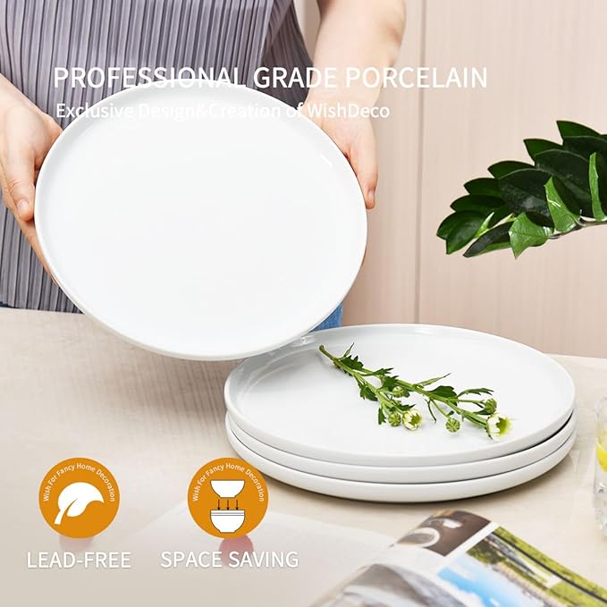 White Dinner Plates Set of 4, Ceramic Dining Plates 10.5 inch, Large Salad Plate, Porcelain Kitchen Plate for Pizza, Steak, Microwave and Dishwasher Safe