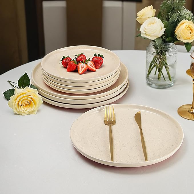 GZG Ceramic Dinner Plates Set of 4, 10.25 Inch Speckled Stoneware Plates with Clay-Tone Base, Large Ceramic Plates for Steak, Salad, Pizza, Microwave Oven Dishwasher Safe