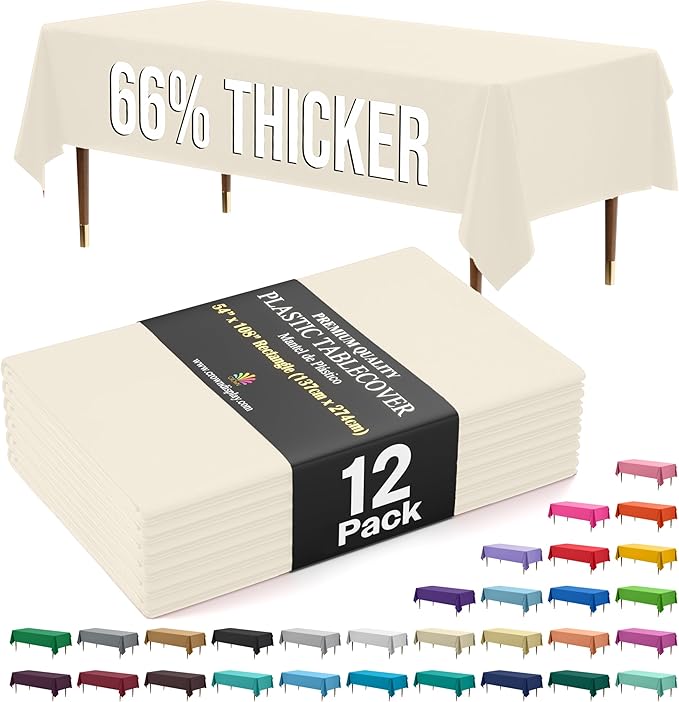 Party Solids 66% Thicker Premium Plastic Table Cloth Rectangle Table Cover 0.5 Mil 12 Pack Ivory Table Cloth 54 Inch x 108 Inch Disposable Tablecloth Won't Tear Easily Like Cheap Thin Brands