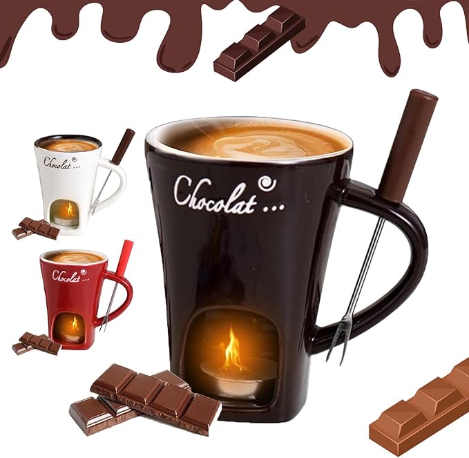 Chocolate Fondue Mug, Fondue Cups Tealight, Chocolate Melting Mug With Candle, Mini Ceramic Chocolates Melting Cup With Forks, Date Night Birthday Wedding Gifts (Black)