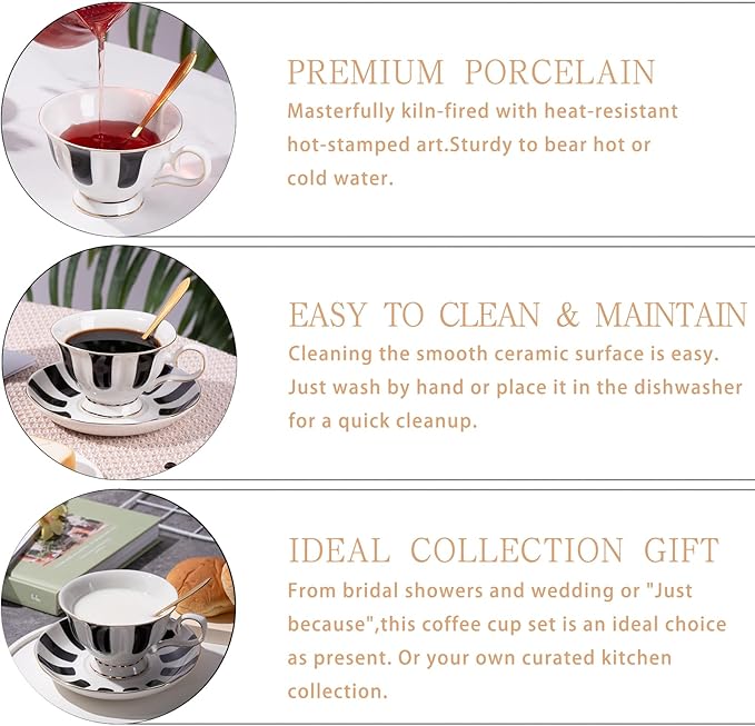 3-Piece Checkered Coffee Cup and Saucer Set with Spoon, 7oz Bone China Porcelain, Black-and-White Vintage Mug Set for Home Office and Afternoon Tea, Elegant Gift Choice