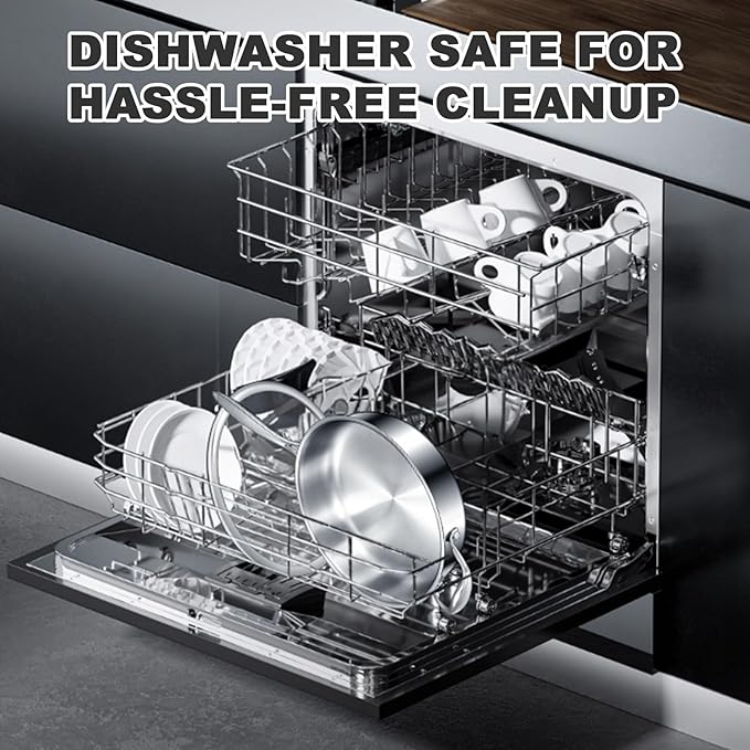 EWFEN 12 Inch Tri-Ply Stainless Steel Frying Pan, 5-Quart Deep Saute Pan with lids, PFOA&PTFE Free Skillet, Induction Cooking Pan, Dishwasher&Oven Safe,Works on All Cooktops