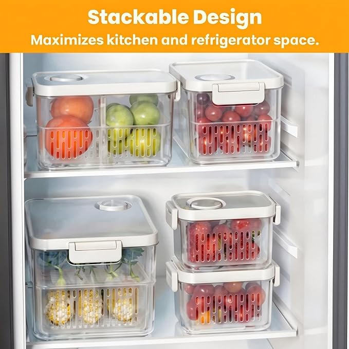 vacane Produce Saver, Fruit Storage Containers Produce Containers Berry Containers with Colanders, 3.8 Cup