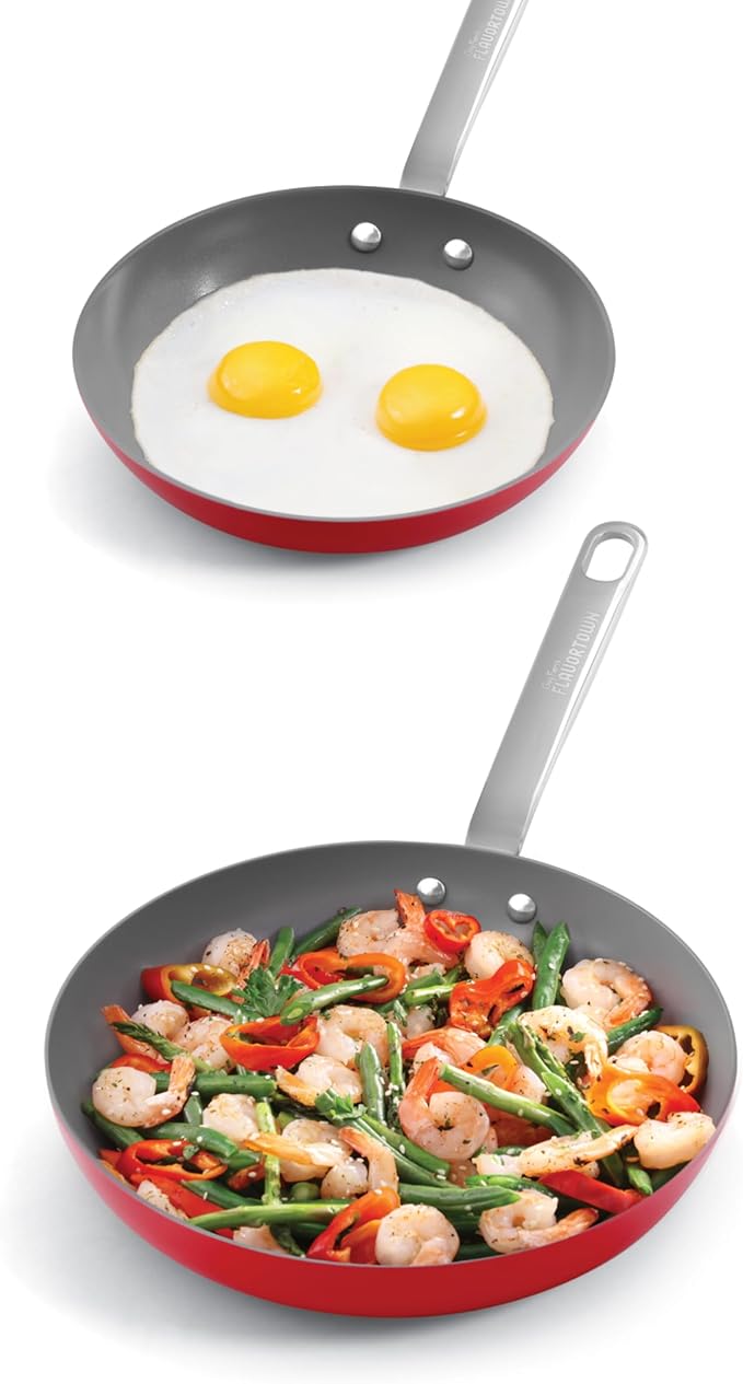 Guy Fieri's Flavortown 2-Piece Ceramic Cookware Set, Nonstick Frying Pan Set 10" and 12", Kitchen Cookware, Made without PFAS PTFE PFOA, Oven and Dishwasher Safe, Easy to Clean Everyday Cookware, Red