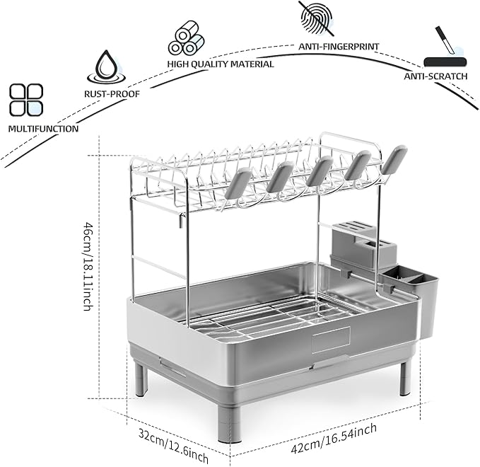 Dish Drying Rack, 2 Tier Large Dish Rack, Stainless Steel Dish Drainer for Kitchen Counter, Dishes Rack with Automatic Drainage, Utensil Holder&Cups Holder,Space Saving Kitchen Organizer,Gray