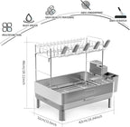 Dish Drying Rack, 2 Tier Large Dish Rack, Stainless Steel Dish Drainer for Kitchen Counter, Dishes Rack with Automatic Drainage, Utensil Holder&Cups Holder,Space Saving Kitchen Organizer,Gray
