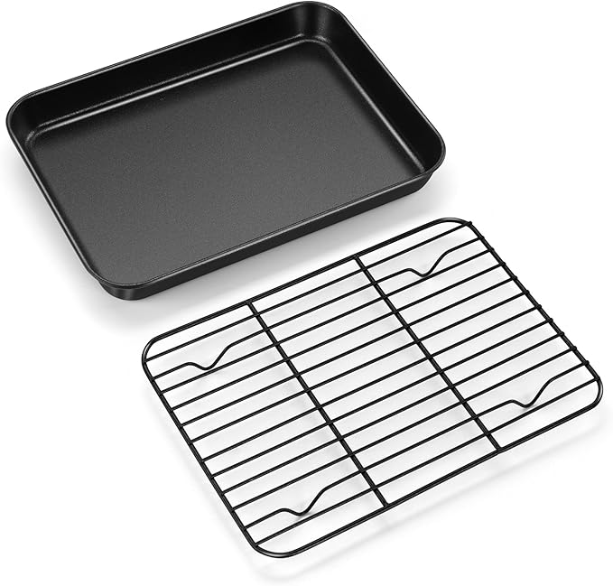 E-far Nonstick Baking Sheet with Rack Set, 9 x 7 x 1 Inch Cookie Sheet Baking Pan with Cooling Rack for Toaster Oven, Commercial Grade & Non-Toxic, Easy to Clean