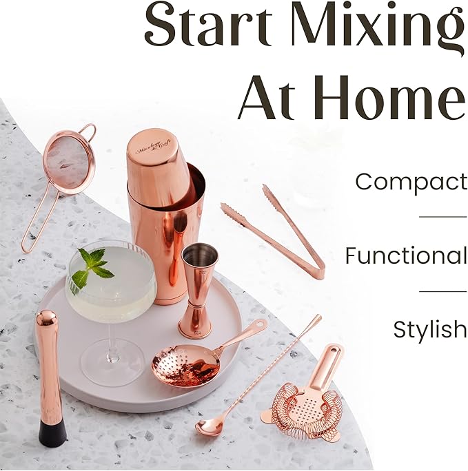 Mixology & Craft Cocktail Shaker Set - 11-Piece Bar Accessories Kit w/Weighted Boston Shaker, Strainer, Jigger, Muddler and More - Home Bartending Tools, Accessories for Bartender, Copper