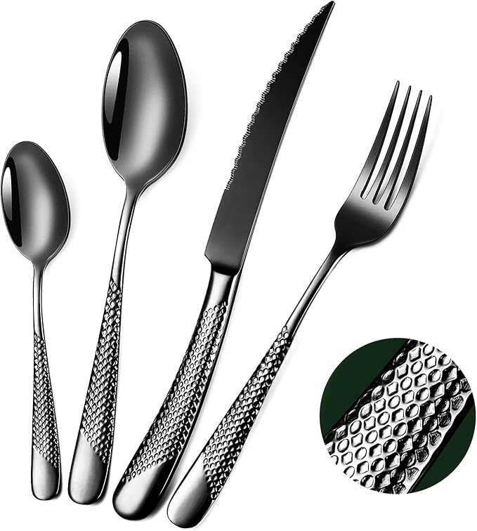 Hammered Black Silverware Set, OGORI 24-Piece 18/10 Stainless Steel Flatware Set, Service of 6