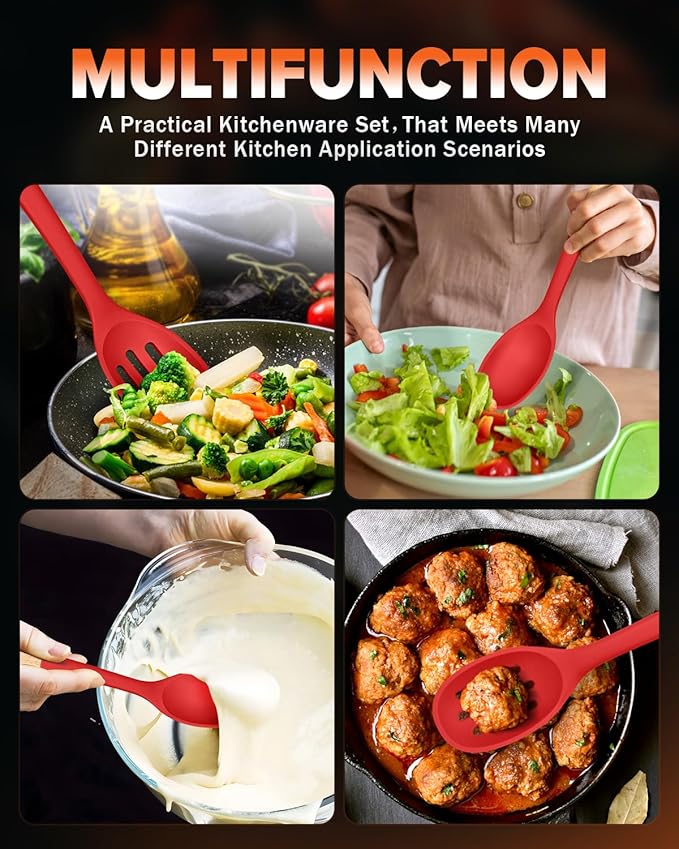 Silicone Cooking Spoons, Great for Scooping Sides and Serving Hearty Stews, BPA-Free Matte Silicone, Wooden Handle Serving Spoon for Nonstick Cooking Surfaces (Red)