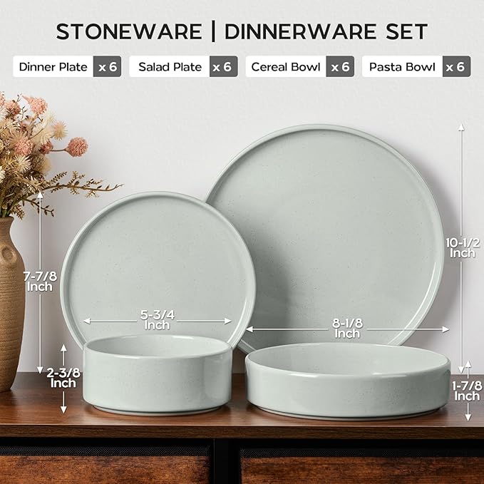 Stoneware Dinnerware Sets for 6 with Double Bowl, Onader 24 Piece Plates and Bowls Dish Dinner Set, Speckled Kitchen Dishware Tableware – Pale Sage Green