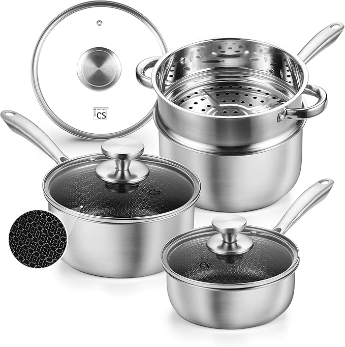 KOCH SYSTEME CS Hybrid Nonstick Stainless Steel Saucepan Set with Steamer Insert, 7PCS Triply Stainless Steel Pot Set 1Qt, 2Qt & 3Qt, 18/10 Steel Sauce Pan Set with Lids, Induction & Oven Safe