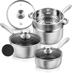 KOCH SYSTEME CS Hybrid Nonstick Stainless Steel Saucepan Set with Steamer Insert, 7PCS Triply Stainless Steel Pot Set 1Qt, 2Qt & 3Qt, 18/10 Steel Sauce Pan Set with Lids, Induction & Oven Safe