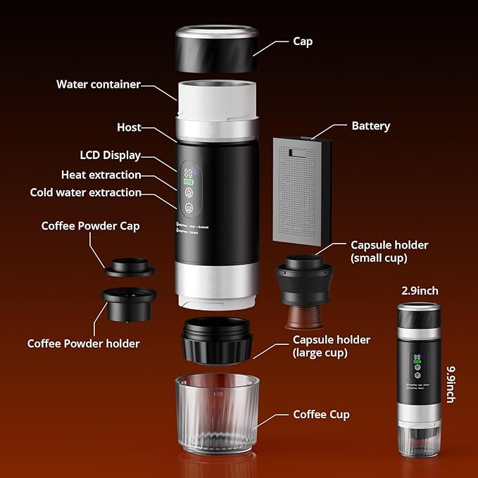 Portable Espresso Maker, Travel Coffee Maker for camping, Portable Espresso Machine with USB-C, 3-in-1 Small Espresso Machine with Ground Coffee & Capsules (NS＆DG) for RV, Hiking (Obsidian Black)