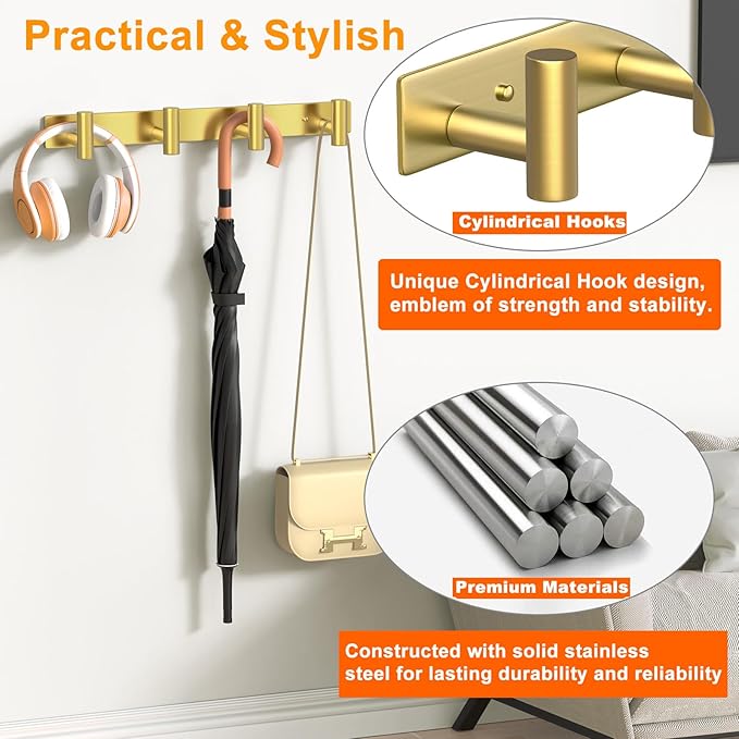Wall Mounted Coat Rack-4 Hooks, Heavy Duty Stainless Steel Hook Rail for Towel Coat Hat Purse Bag Jacket, Towel Hooks for Entryway Bathroom Kitchen (Gold 4 Hooks - 1 Pack)