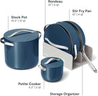 Caraway Cookware+ Collection - Specialty Cookware Set - Petite Cooker, Stir Fry Pan, Rondeau, & Stock Pot - 3 Lids & Storage Organizer Included - Navy