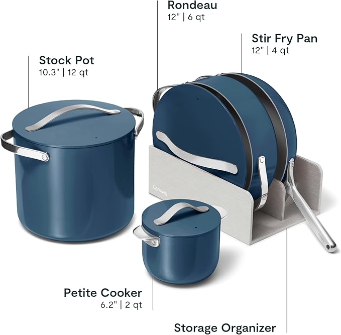 Caraway Cookware+ Collection - Specialty Cookware Set - Petite Cooker, Stir Fry Pan, Rondeau, & Stock Pot - 3 Lids & Storage Organizer Included - Navy