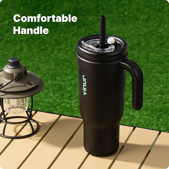 VINUR 30 oz Insulated Tumbler with Handle & Straw Lid-Stainless Steel Double Wall Vacuum Drink Water Cup Coffee Mug with Rubber Base, Black