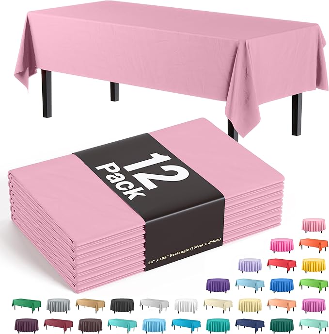 Exquisite Party Solids 12-Pack Premium Plastic Tablecloth 54in. x 108in. Rectangle Table Cover - Pink