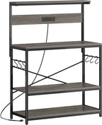 SUPERJARE Bakers Rack with Power Outlets, Microwave Stand, 39.4 X 14.3 Inch Larger Desktop, Kitchen Storage Rack with Adjustable Middle Shelf, 6 S-Shaped Hooks, Coffee Bar Stand, Grey
