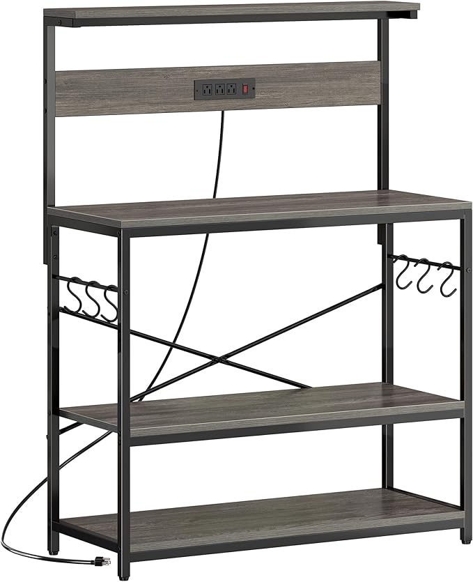 SUPERJARE Bakers Rack with Power Outlets, Microwave Stand, 39.4 X 14.3 Inch Larger Desktop, Kitchen Storage Rack with Adjustable Middle Shelf, 6 S-Shaped Hooks, Coffee Bar Stand, Grey