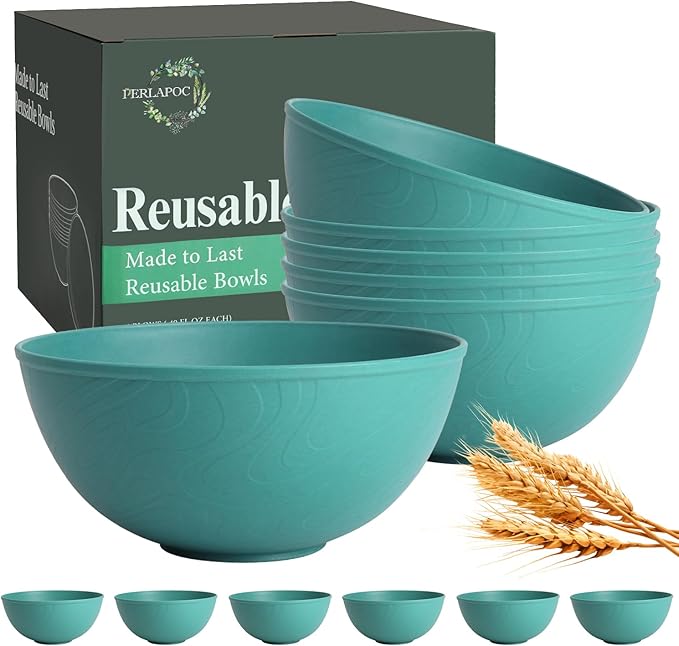 40 OZ Wheat Straw Bowl Sets, 6 PCS Unbreakable & Lightweight Salad Bowls, Microwave & Dishwasher Safe, BPA-Free, Kitchen Bowl Set for Serving, Soup, Oatmeal, Fruit, Noodles, Green