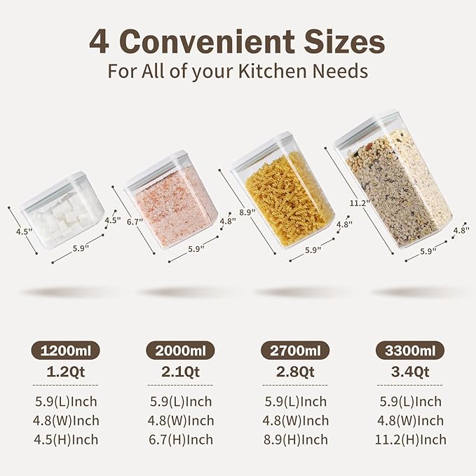 12 Pcs Pop Food Storage Containers Airtight Food Storage Containers Set with Lids Kitchen Pantry Organization and Storage, 3.4Qt, 2.8Qt, 2.1Qt, 1.2Qt