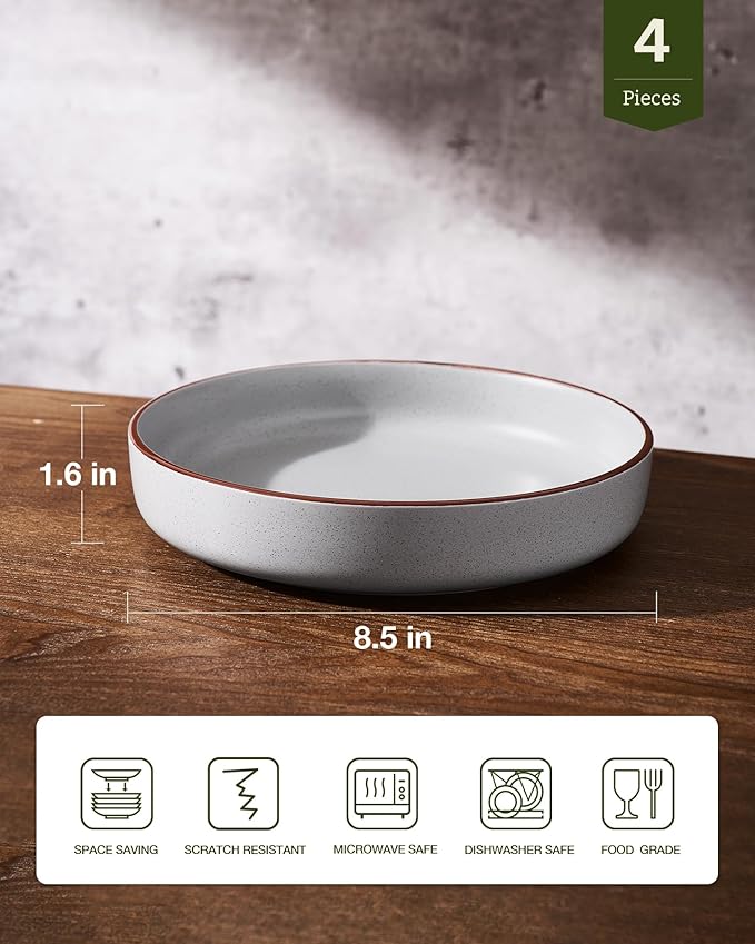 famiware Mercury Pasta Bowls Set of 4, 33 oz Large Salad Bowls, Ceramic Pasta Plates Bowls, Serving Bowls for Kitchen, Microwave & Dishwasher Safe, Light Gray