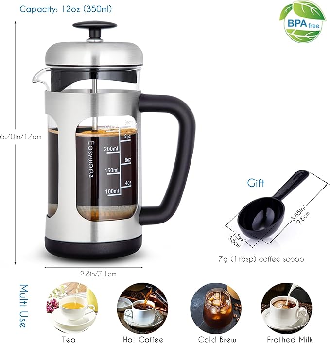 Easyworkz Stainless Steel French Press 12 oz Coffee Tea Maker with Soft Grip Handle