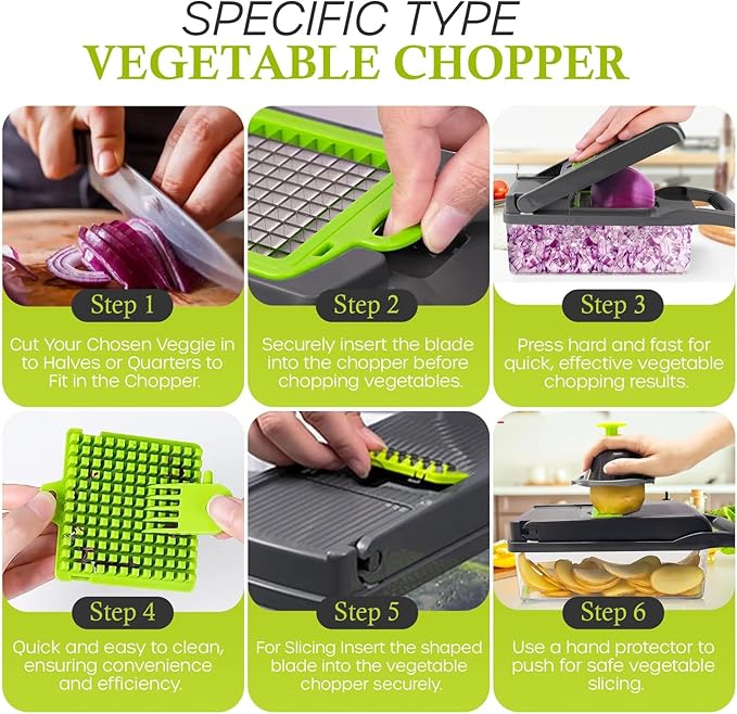 Multifunctional Vegetable Chopper, Slicer, Dicer, Cutter 14 PCs, with Container for Onion, Carrot, Potato, Salad, Garlic, ABS Design, Stainless Steel Blades.