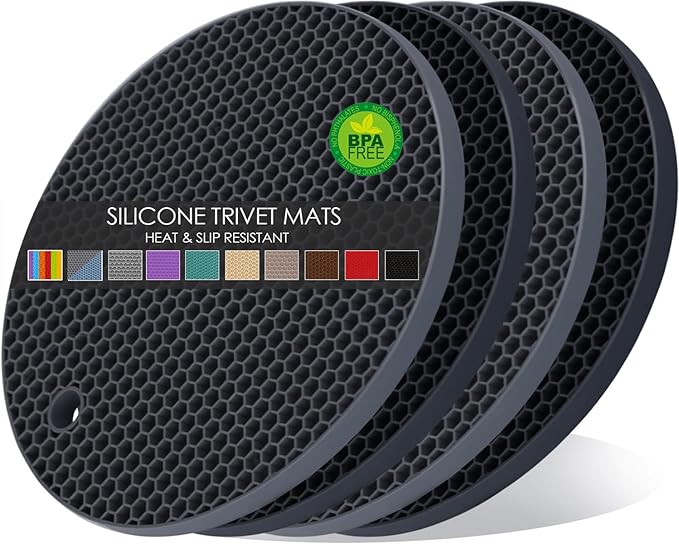 Silicone Trivets for Hot Pots and Pans, 0.31" Thick Trivet Mat for Hot Dishes Set of 4, Heat Resistant Durable Flexible Silicone Mat Pot Mat for Countertop, Easy to Wash and Dry, Dark Gray