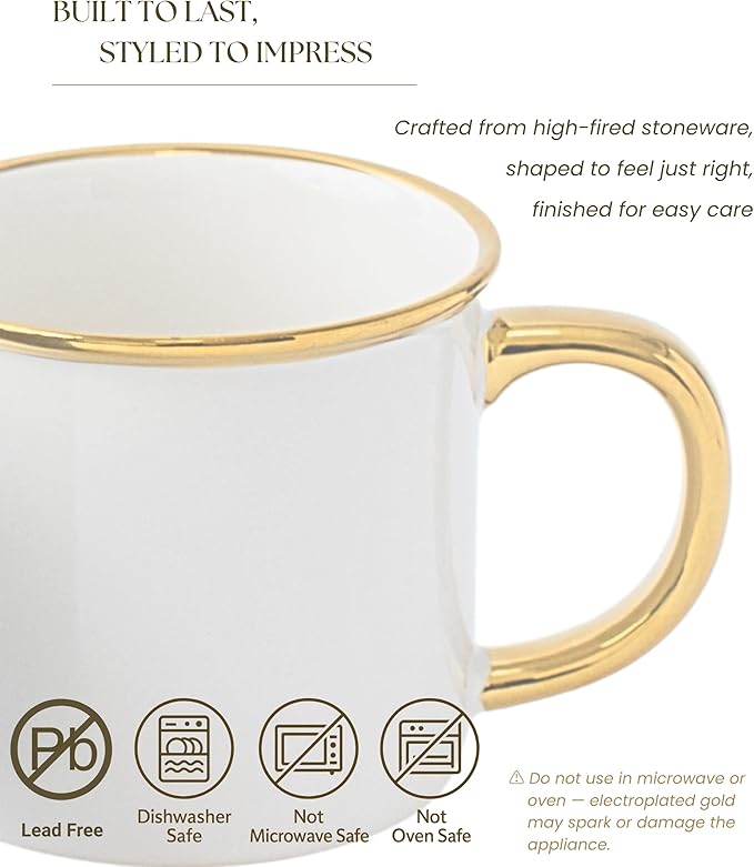 Stoneware Electroplated Mug Set of 4-15oz Ceramic Coffee & Tea Cups with Gold Handle - Perfect for Hot & Iced Drinks - Dishwasher Safe - Modern Chic Design - Ivory White & Gray - Ideal Gift