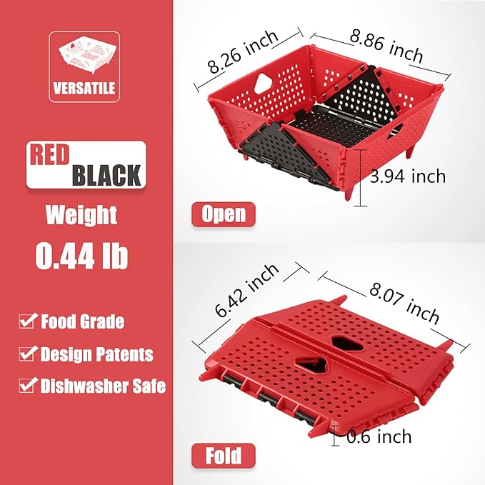 Plastic Collapsible Colander - Foldable Drain Basket with Resting Feet - Kitchen Food Strainer for Pasta, Fruit, Vegetables - Space-Saving, BPA-Free, Dishwasher Safe (Red&Black)